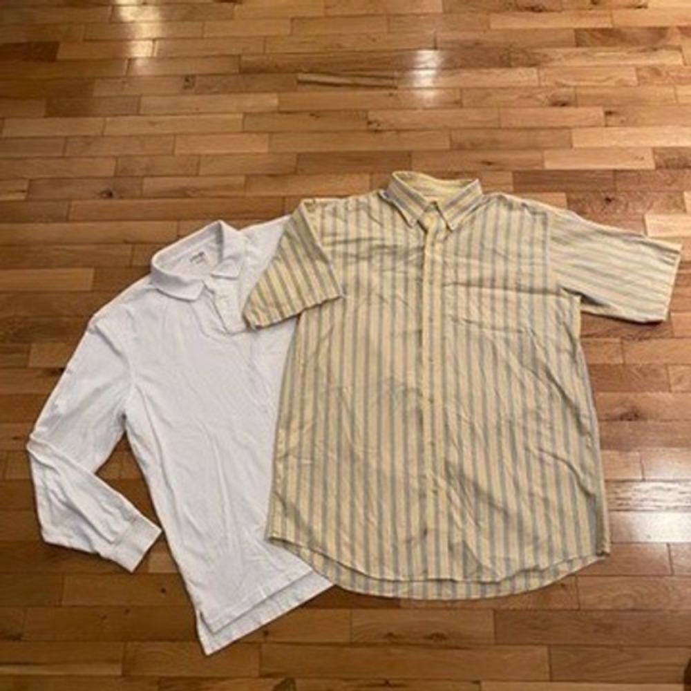 Mens LL Bean Striped Button Down & Lands End White Polo Shirt Bundle Large Tall